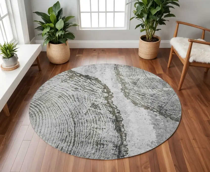 8' Gray And Ivory Woodland Lodge Washable Round Rug With UV Protection Photo 2