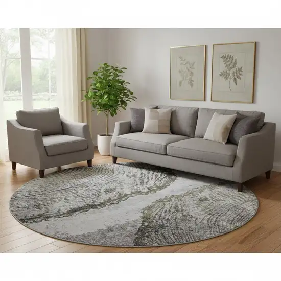 8' Gray And Ivory Woodland Lodge Washable Round Rug With UV Protection Photo 1