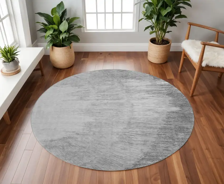 8' Gray And Ivory Woodland Lodge Washable Round Rug With UV Protection Photo 2