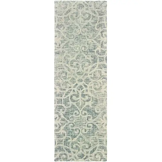 8' Gray And Ivory Wool Geometric Hand Tufted Runner Rug Photo 2
