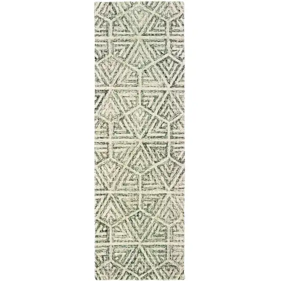 8' Gray And Ivory Wool Geometric Hand Tufted Runner Rug Photo 2