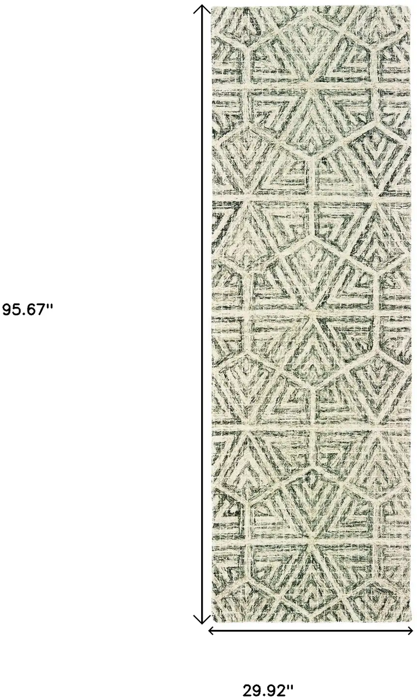 8' Gray And Ivory Wool Geometric Hand Tufted Runner Rug Photo 3
