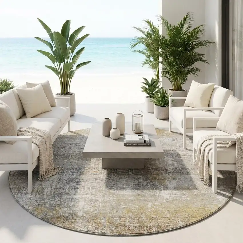 8' Gray And Khaki Round Abstract Washable Indoor Outdoor Area Rug Photo 1