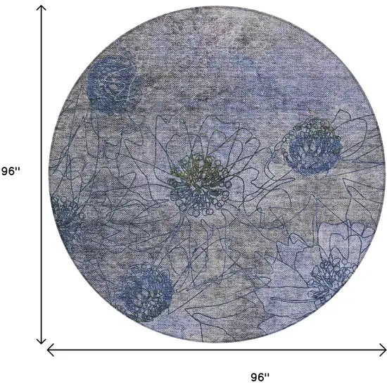 8' Gray And Lavender Round Floral Washable Indoor Outdoor Area Rug Photo 3