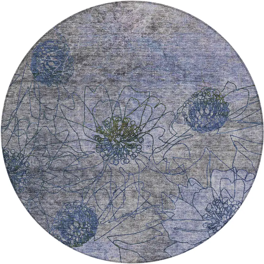 8' Gray And Lavender Round Floral Washable Indoor Outdoor Area Rug Photo 2
