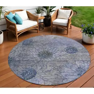 Photo of 8' Gray And Lavender Round Floral Washable Indoor Outdoor Area Rug