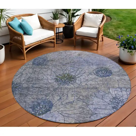 8' Gray And Lavender Round Floral Washable Indoor Outdoor Area Rug Photo 1