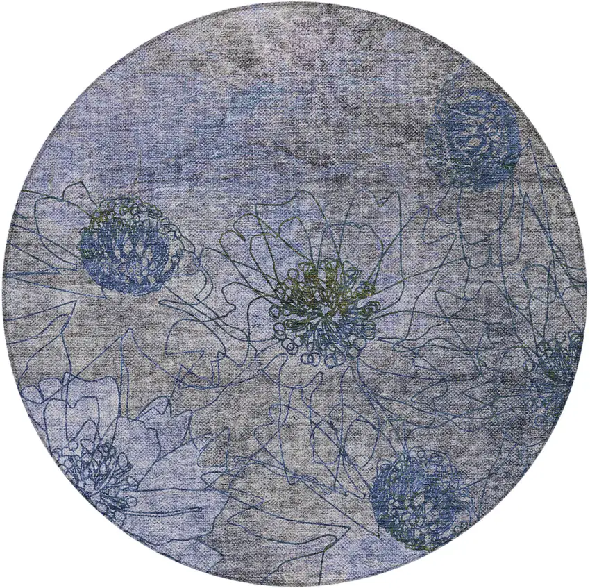 8' Gray And Lavender Round Floral Washable Indoor Outdoor Area Rug Photo 5