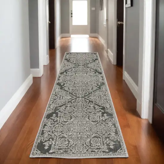 8' Gray And Light Gray Oriental Runner Rug Photo 1