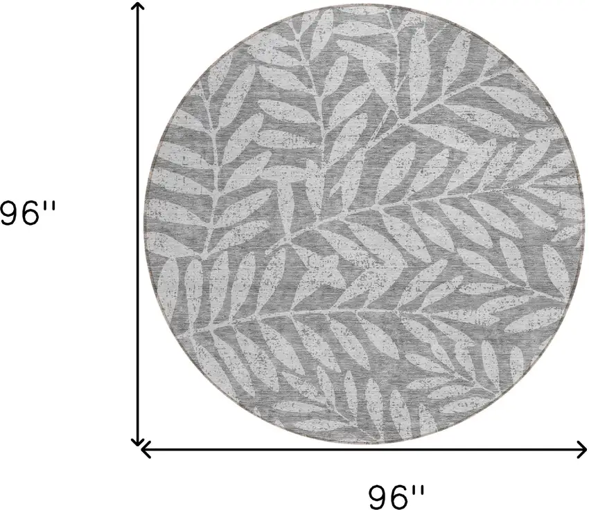 8' Gray And Light Gray Round Floral Washable Indoor Outdoor Area Rug Photo 3