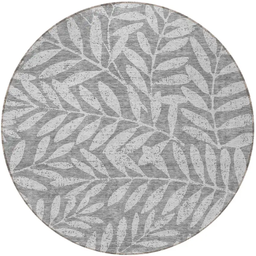 8' Gray And Light Gray Round Floral Washable Indoor Outdoor Area Rug Photo 5