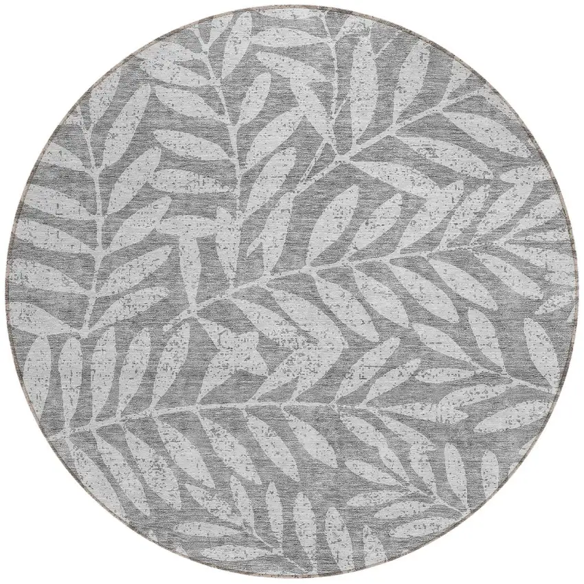 8' Gray And Light Gray Round Floral Washable Indoor Outdoor Area Rug Photo 4