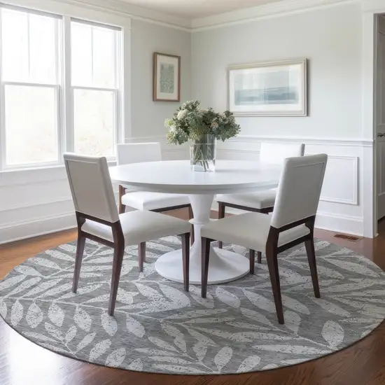 8' Gray And Light Gray Round Floral Washable Indoor Outdoor Area Rug Photo 7
