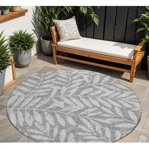 Photo of 8' Gray And Light Gray Round Floral Washable Indoor Outdoor Area Rug