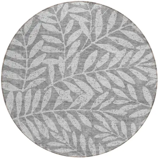 8' Gray And Light Gray Round Floral Washable Indoor Outdoor Area Rug Photo 2