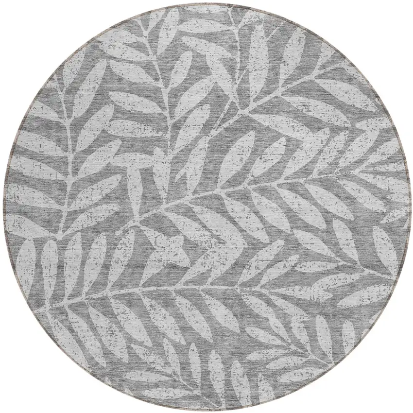 8' Gray And Light Gray Round Floral Washable Indoor Outdoor Area Rug Photo 2