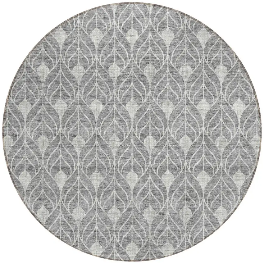 8' Gray And Light Gray Round Geometric Washable Indoor Outdoor Area Rug Photo 5