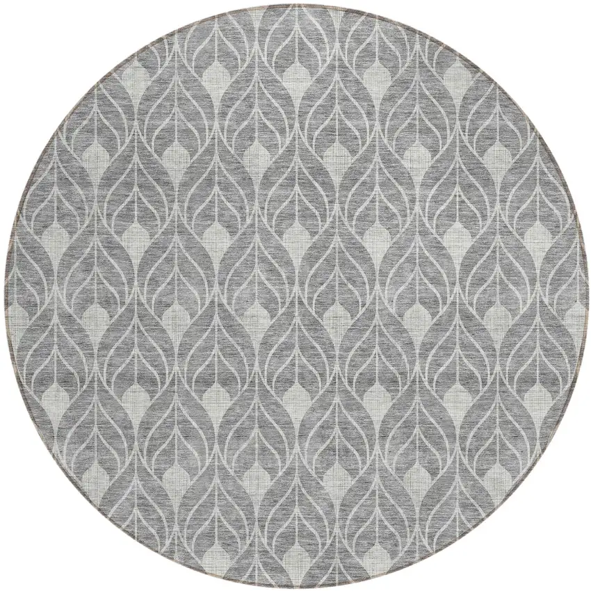 8' Gray And Light Gray Round Geometric Washable Indoor Outdoor Area Rug Photo 2
