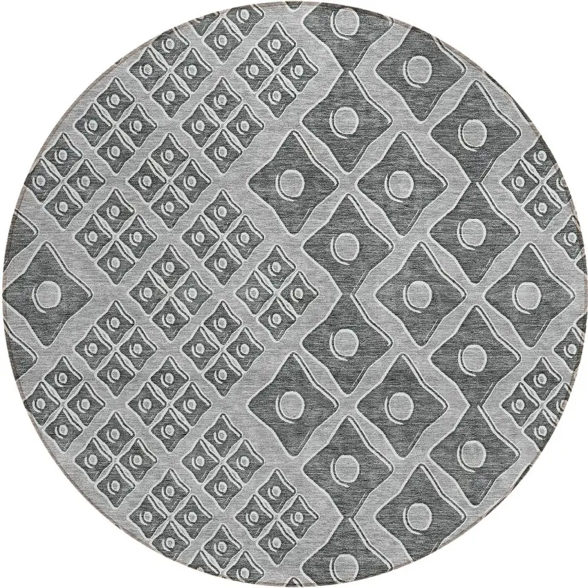 8' Gray And Light Gray Round Geometric Washable Indoor Outdoor Area Rug Photo 6