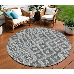 Photo of 8' Gray And Light Gray Round Geometric Washable Indoor Outdoor Area Rug