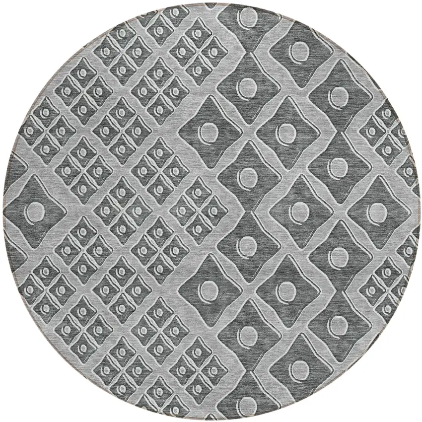 8' Gray And Light Gray Round Geometric Washable Indoor Outdoor Area Rug Photo 2