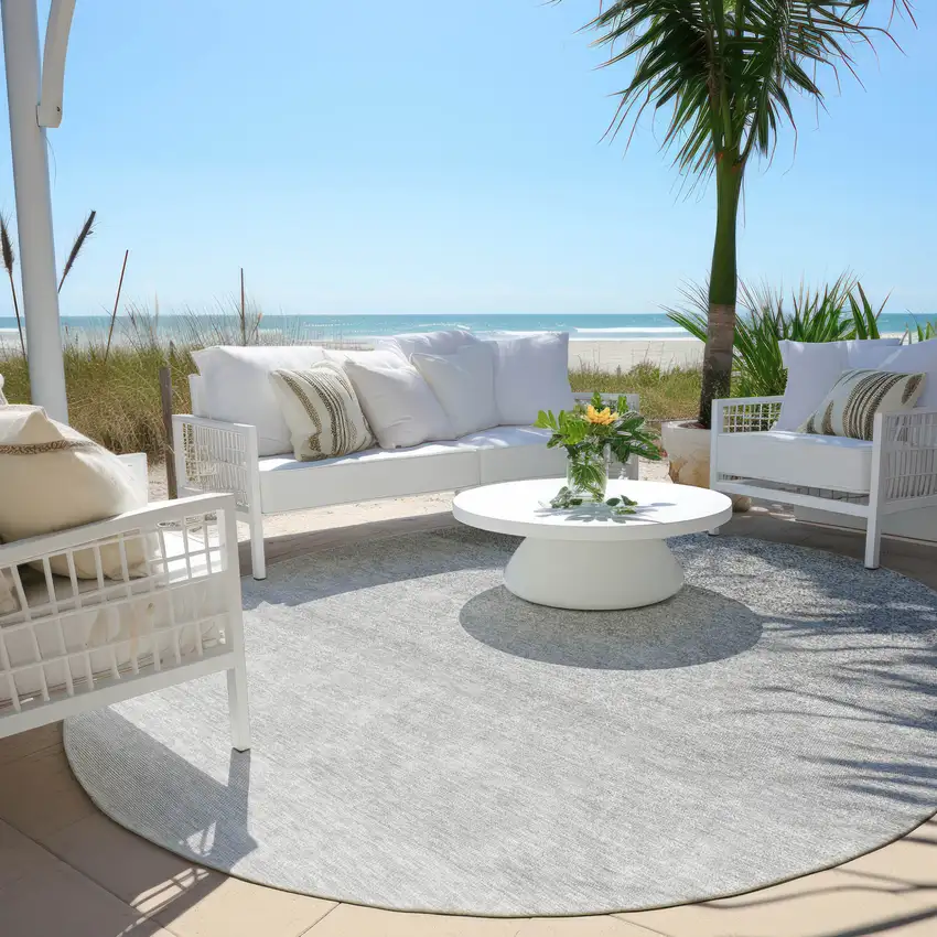 8' Gray And Light Gray Round Ombre Washable Indoor Outdoor Area Rug Photo 6