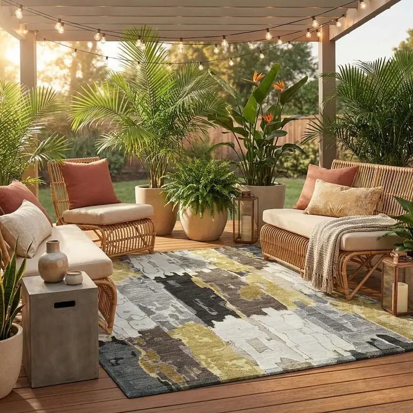 8' Gray And Linen Round Abstract Washable Indoor Outdoor Area Rug Photo 1