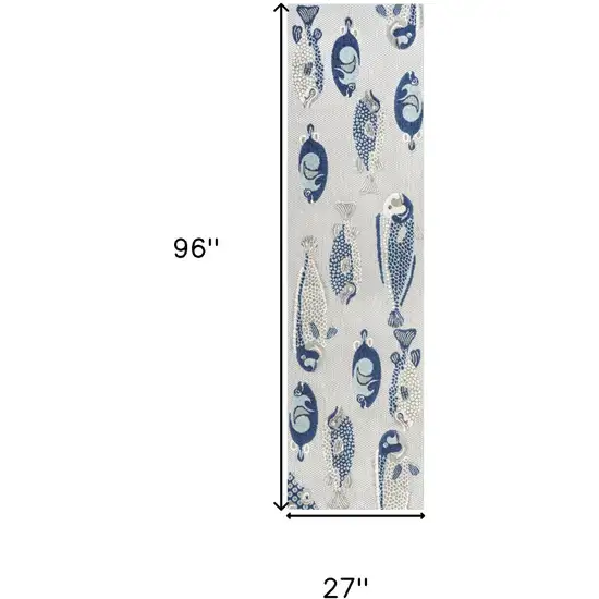 8' Gray And Navy Blue Animal Print Indoor Outdoor Runner Rug Photo 8