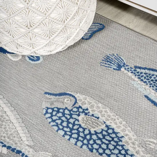8' Gray And Navy Blue Animal Print Indoor Outdoor Runner Rug Photo 6