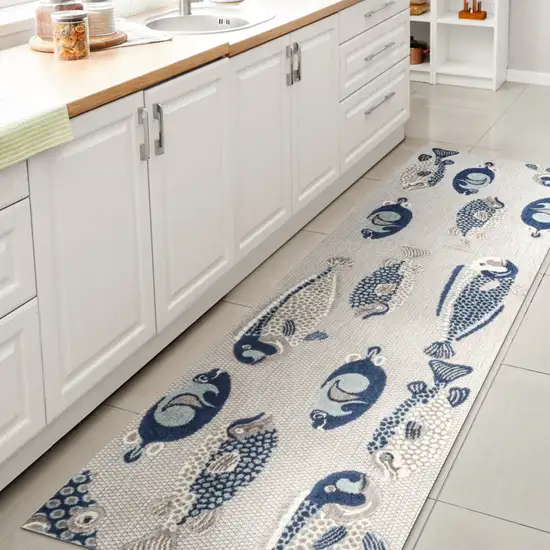 8' Gray And Navy Blue Animal Print Indoor Outdoor Runner Rug Photo 6