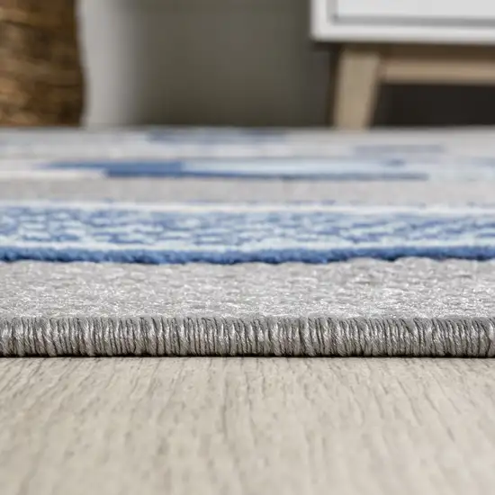 8' Gray And Navy Blue Animal Print Indoor Outdoor Runner Rug Photo 9