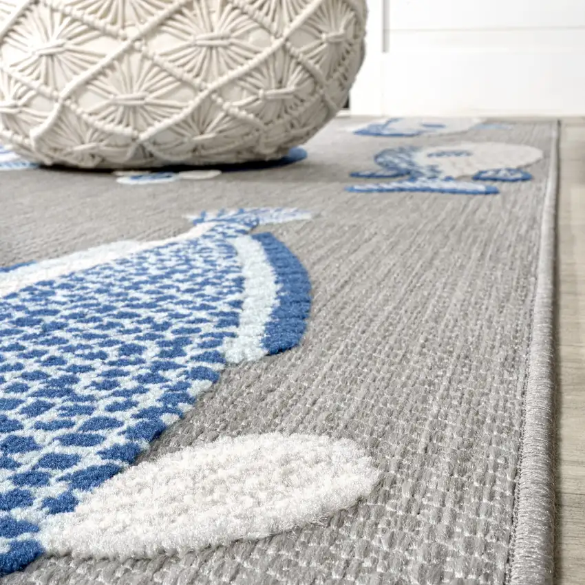 8' Gray And Navy Blue Animal Print Indoor Outdoor Runner Rug Photo 7