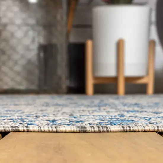 8' Gray And Navy Blue Medallion Indoor Outdoor Runner Rug Photo 9