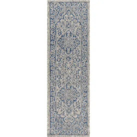 8' Gray And Navy Blue Medallion Indoor Outdoor Runner Rug Photo 3