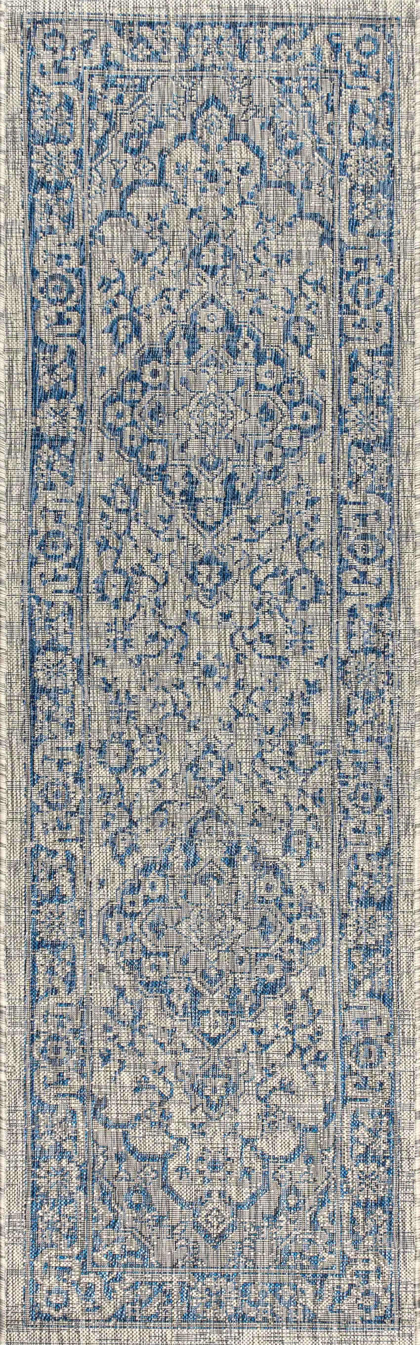 8' Gray And Navy Blue Medallion Indoor Outdoor Runner Rug Photo 3