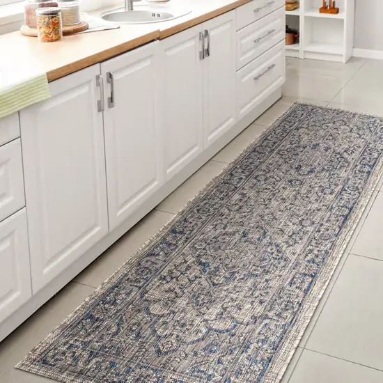 8' Gray And Navy Blue Medallion Indoor Outdoor Runner Rug Photo 6