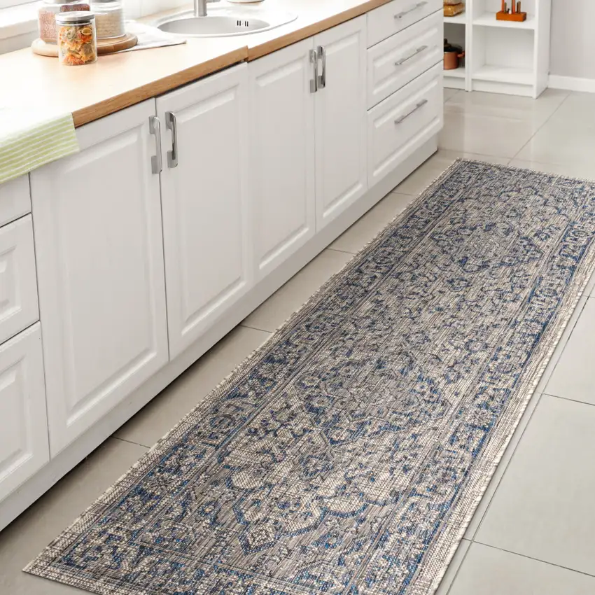 8' Gray And Navy Blue Medallion Indoor Outdoor Runner Rug Photo 6