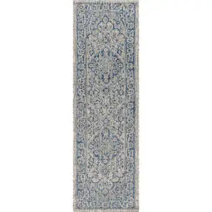 Photo of 8' Gray And Navy Blue Medallion Indoor Outdoor Runner Rug