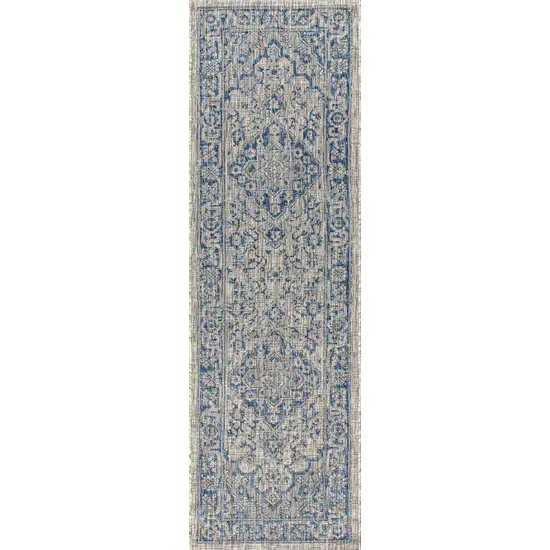 8' Gray And Navy Blue Medallion Indoor Outdoor Runner Rug Photo 1