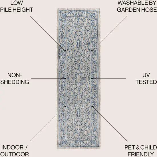 8' Gray And Navy Blue Medallion Indoor Outdoor Runner Rug Photo 8