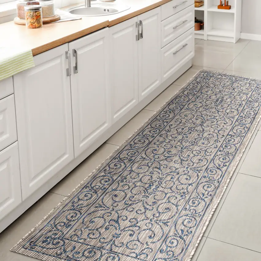 8' Gray And Navy Blue Medallion Indoor Outdoor Runner Rug Photo 6