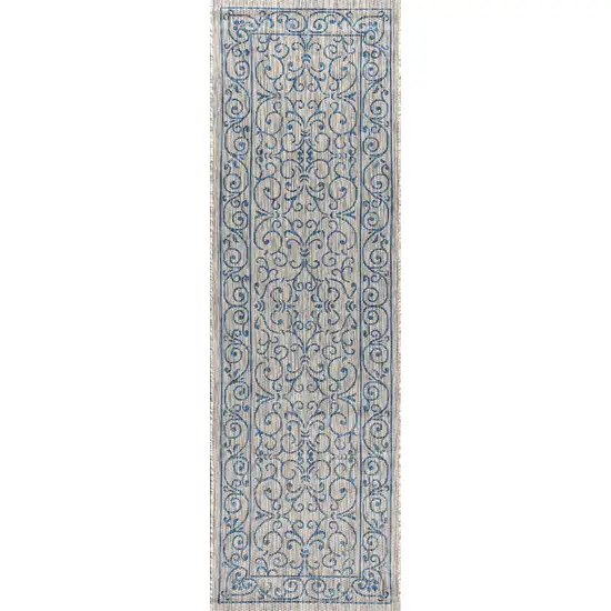 8' Gray And Navy Blue Medallion Indoor Outdoor Runner Rug Photo 3