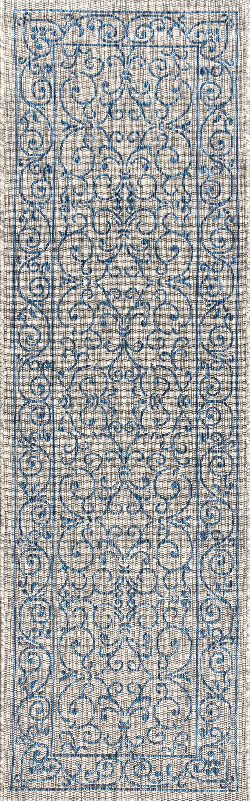 8' Gray And Navy Blue Medallion Indoor Outdoor Runner Rug Photo 3