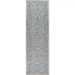 Photo of 8' Gray And Navy Blue Medallion Indoor Outdoor Runner Rug