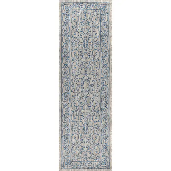8' Gray And Navy Blue Medallion Indoor Outdoor Runner Rug Photo 1