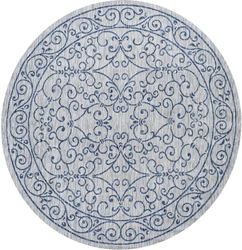 6' Gray And Navy Blue Round Medallion Indoor Outdoor Area Rug Photo 1