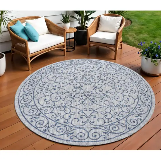 9' Gray And Navy Blue Round Medallion Indoor Outdoor Area Rug Photo 1