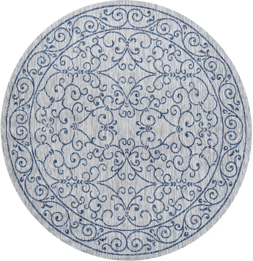 9' Gray And Navy Blue Round Medallion Indoor Outdoor Area Rug Photo 3