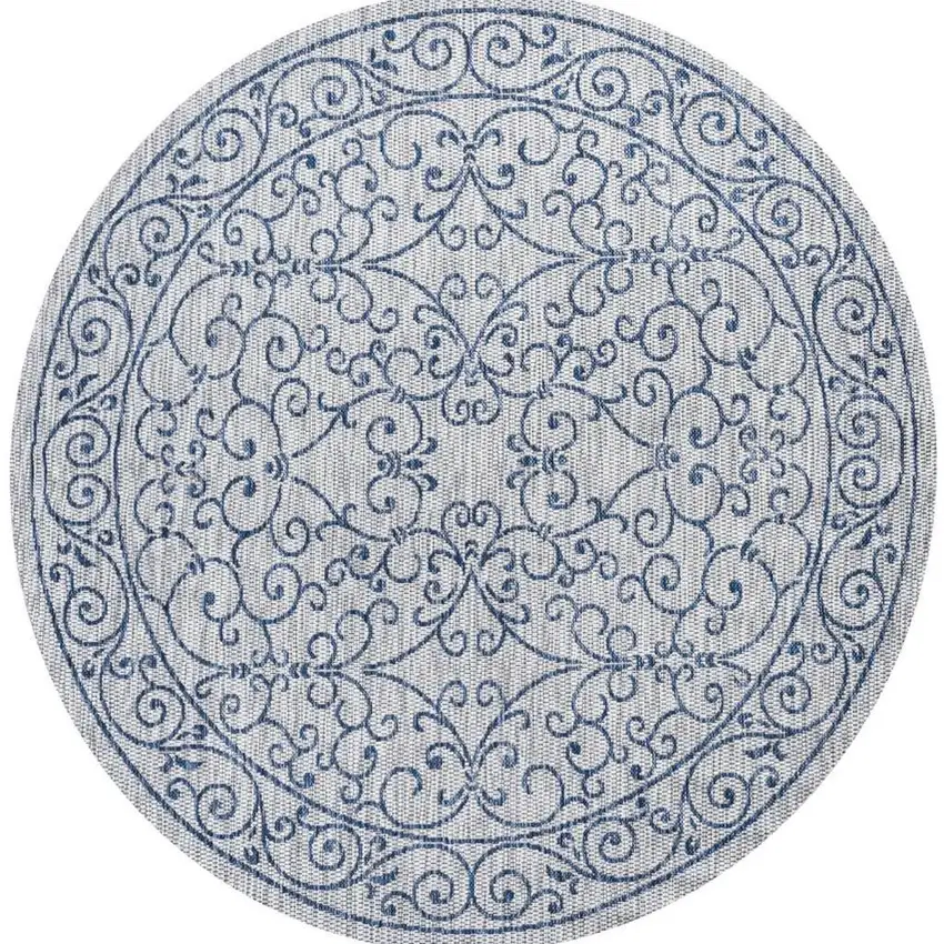 9' Gray And Navy Blue Round Medallion Indoor Outdoor Area Rug Photo 2