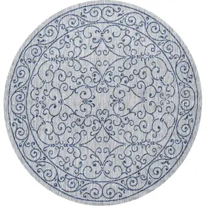 Photo of 9' Gray And Navy Blue Round Medallion Indoor Outdoor Area Rug